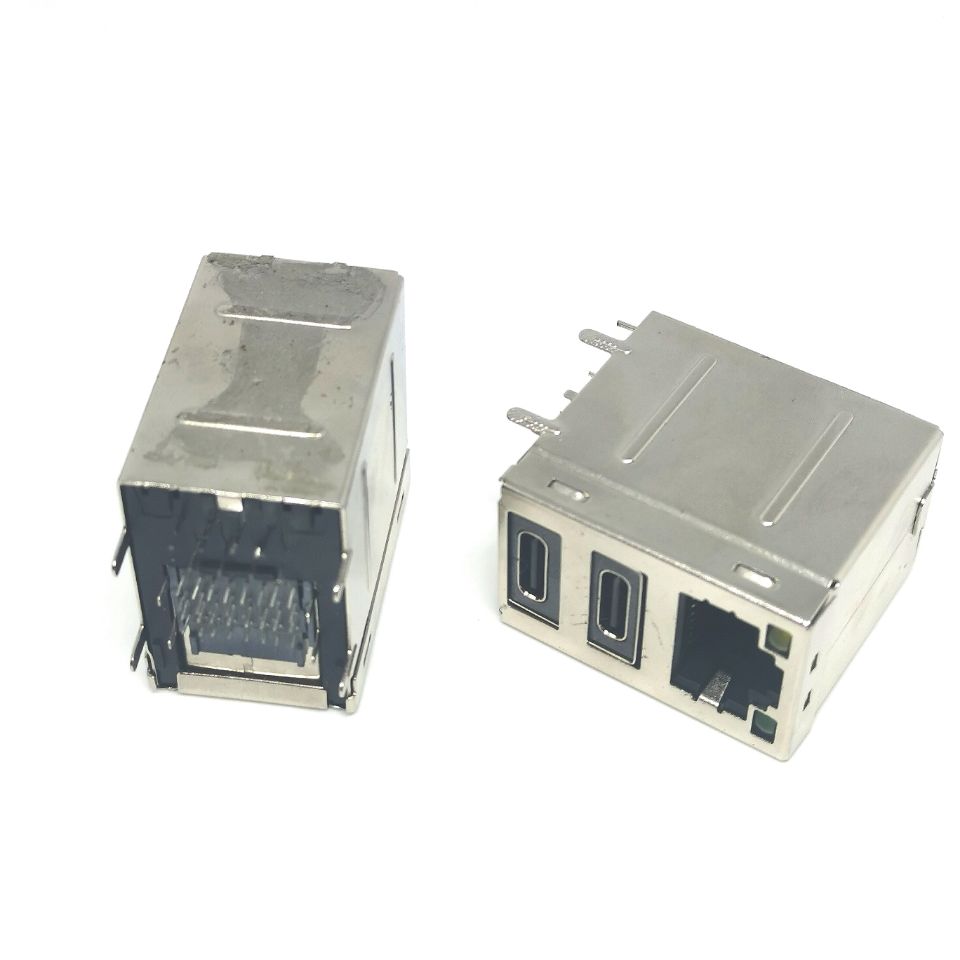 RJ45网口+TYPE-C双层母座  三合一90度插板dip