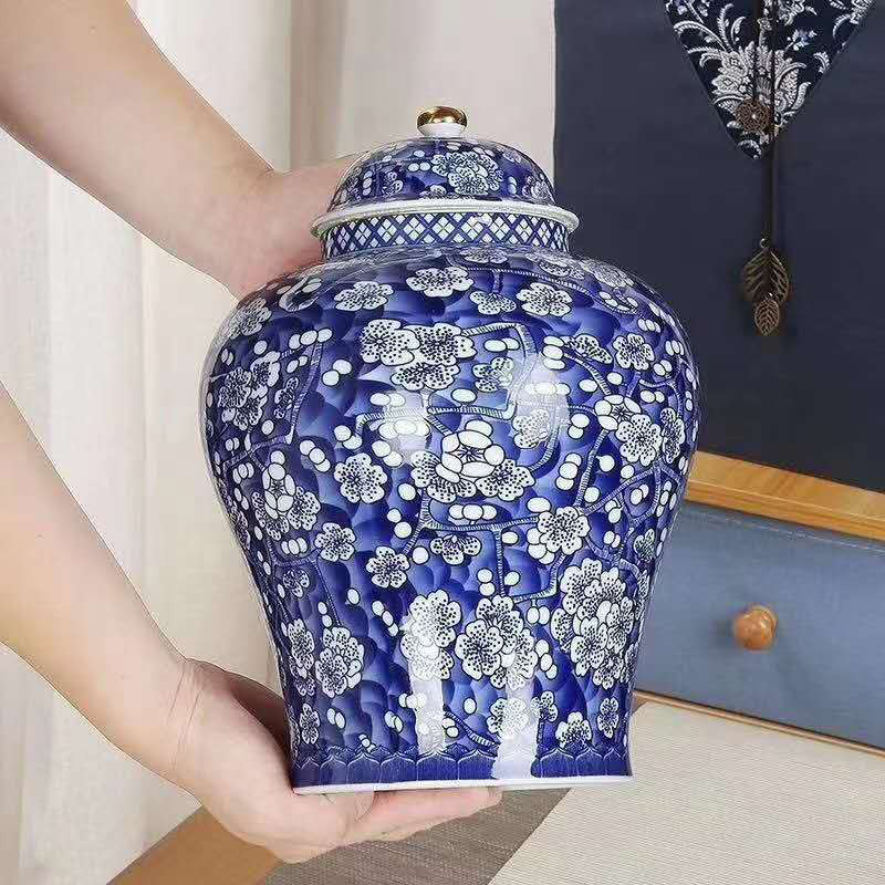 青花瓷将军罐大中小号陶瓷储存罐定制  茶叶罐