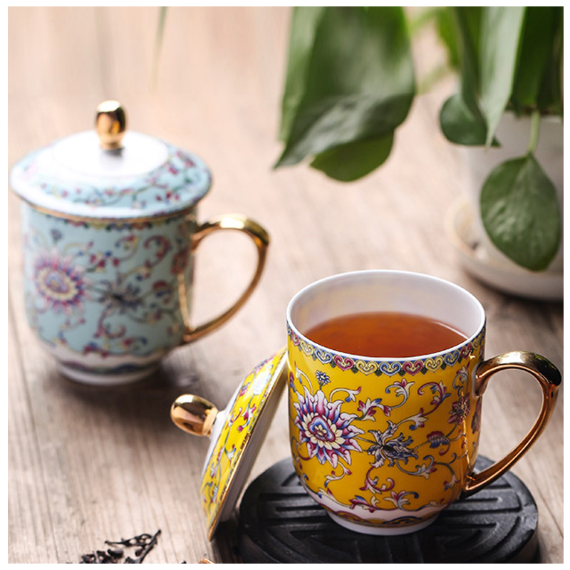 珐琅彩茶杯景德镇办公盖杯高白瓷创意茶杯定制