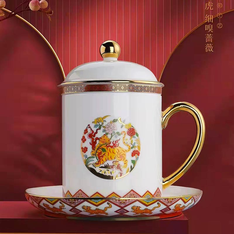 定做虎年礼品陶瓷茶杯，创意礼品福气生财办公杯批发  创意礼品办公杯