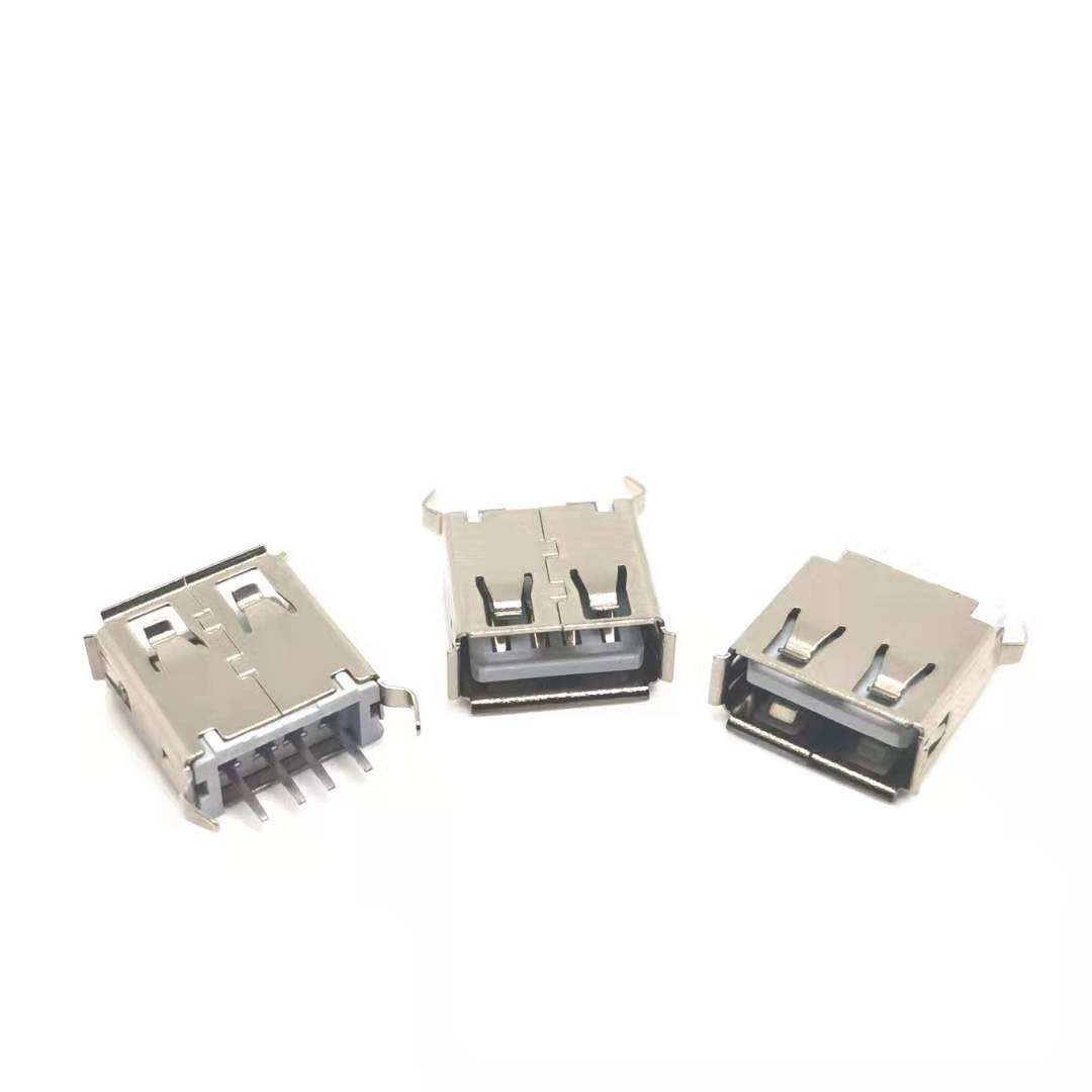 USB2.0A母 4p立插母座 180度插件 卷边弯脚 白胶