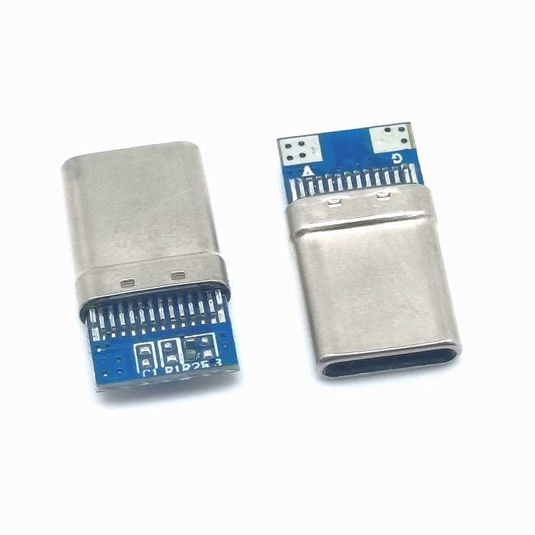 TYPE-C 24P双排夹板公头带PBC板拉伸外壳10个焊盘