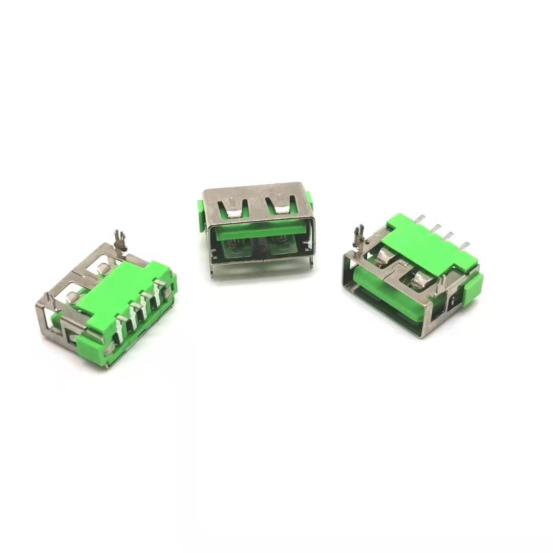 USB2.0 A母 直边90度前脚鱼叉脚 浅绿胶芯 前插后贴  USB2.0A母  浅绿胶芯前插后贴