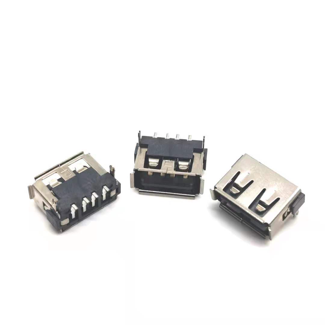 USB2.0A母4p插件母座 90度两脚鱼叉脚插板 卷边黑胶