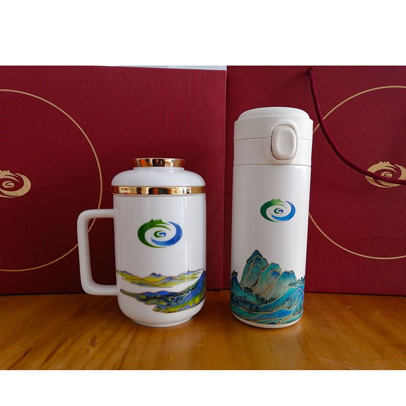 千里江山办公杯套装定做，景德镇文创礼品保温杯馈赠  景德镇陶瓷茶杯  千里江山茶杯
