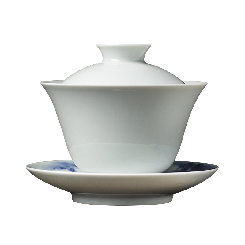 手绘青花瓷盖碗山水4寸泡茶三才茶碗礼品