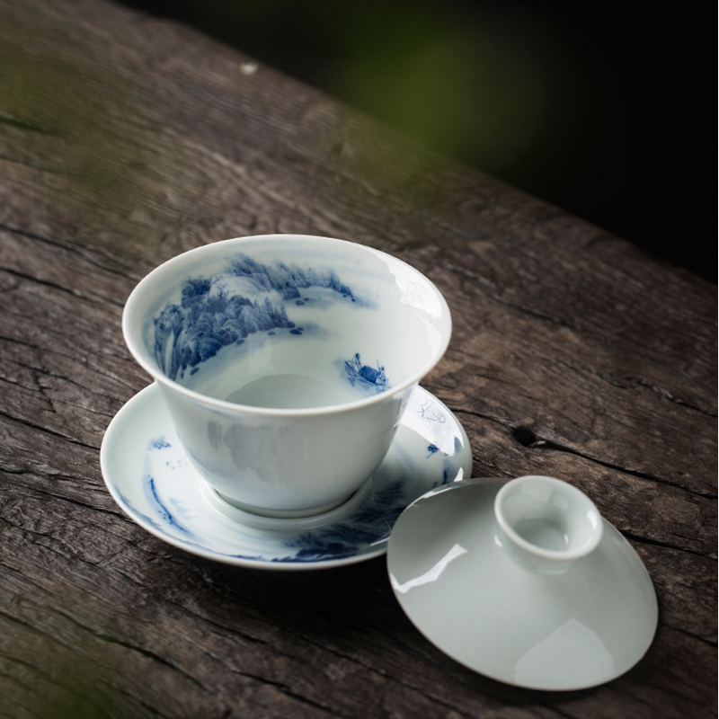 手绘青花瓷盖碗山水4寸泡茶三才茶碗礼品