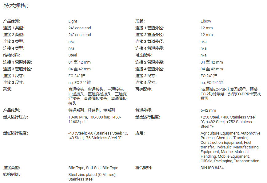 PARKER/派克EO 24°锥90度液压管接头  EO DIN管接头  24°锥管接头  Parker液压管接头