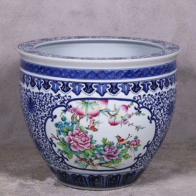 陶瓷大缸手绘青花荷塘秋色 办公室书画缸 庭院水缸  青花荷塘秋色大缸