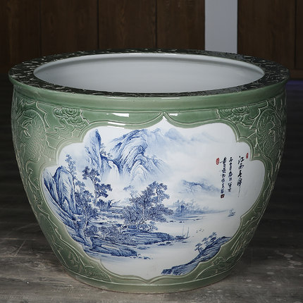 陶瓷手绘山水室外鱼缸 庭院种树缸 阳台睡莲锦鲤大缸