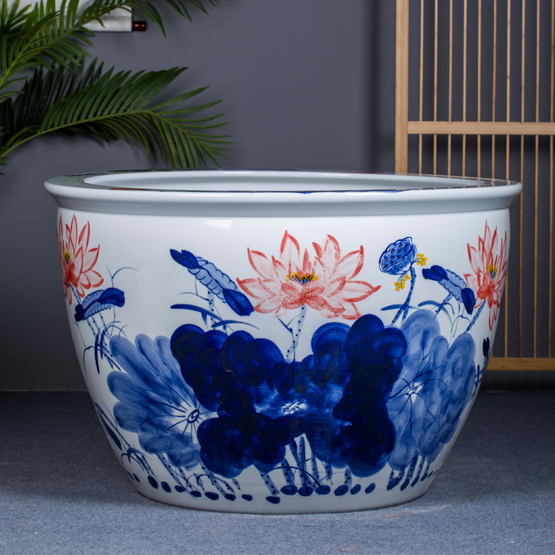 陶瓷大缸手绘青花荷塘秋色 办公室书画缸 庭院水缸  青花荷塘秋色大缸