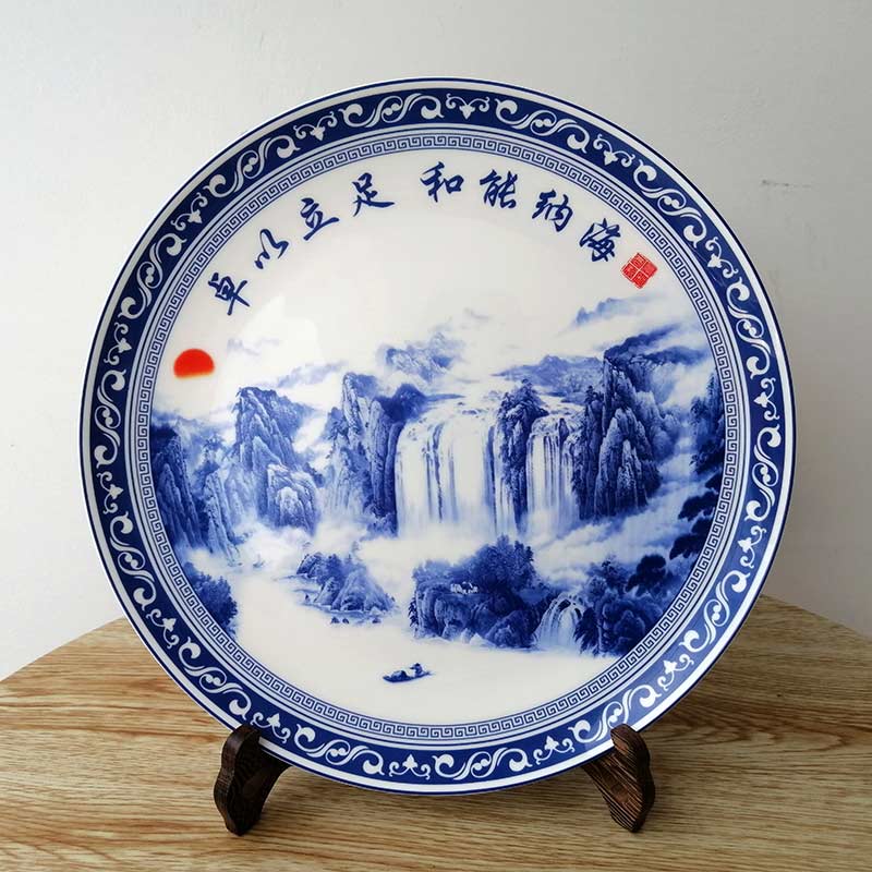 景德镇陶瓷纪念盘礼品定制青花山水赏盘工艺品可印字  陶瓷纪念盘定制  青花山水赏盘摆件
