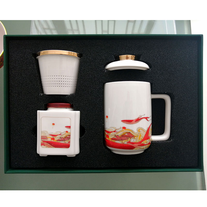 红色文化礼品茶杯，景德镇陶瓷茶杯礼品聚会联谊纪念品  文创礼品茶杯  办公杯茶叶罐套装