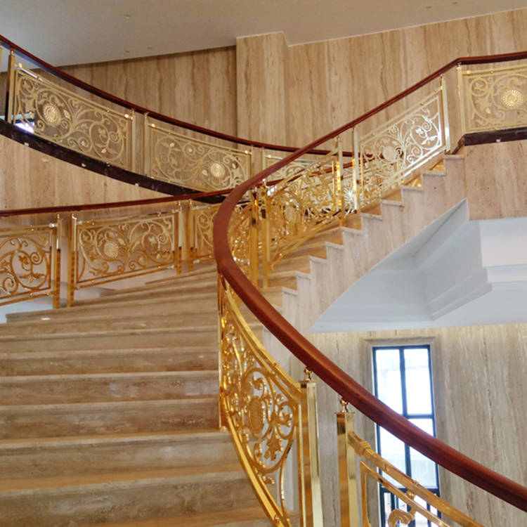 别墅装饰铝艺雕花楼梯扶手展示得意人生  铝艺楼梯护栏订做厂家  弧形铝艺楼梯护栏  铝楼梯厂家