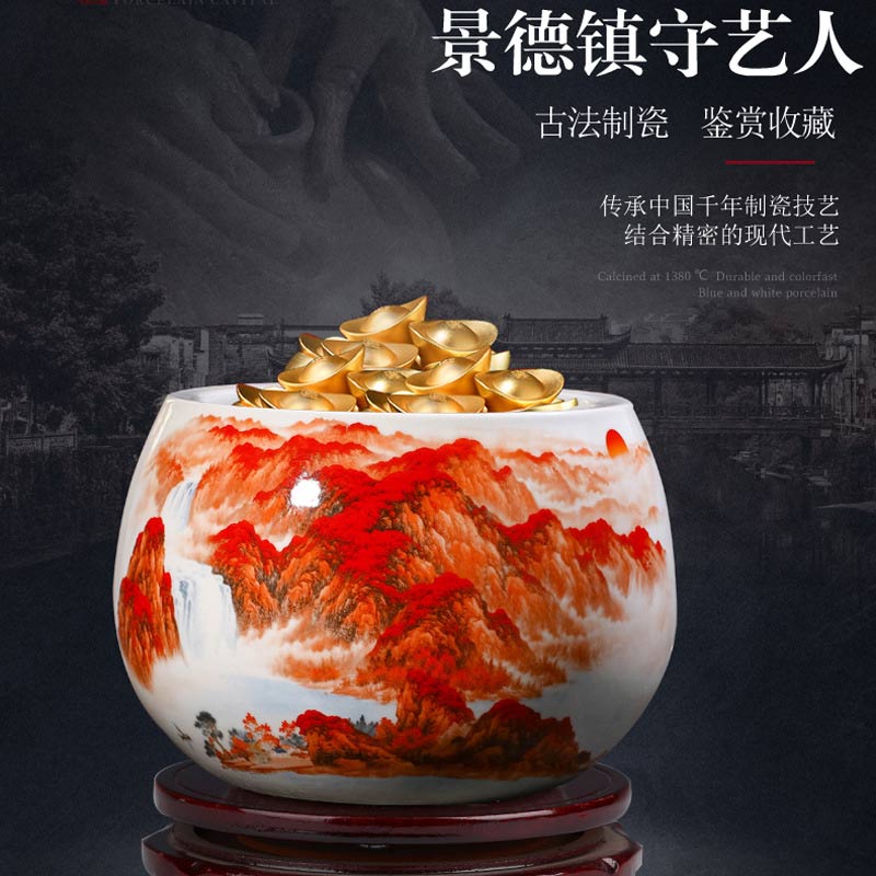 描金鸿运当头聚宝盆摆件工艺品名师证书底座公司福利  陶瓷聚宝盆  景德镇陶瓷聚宝盆
