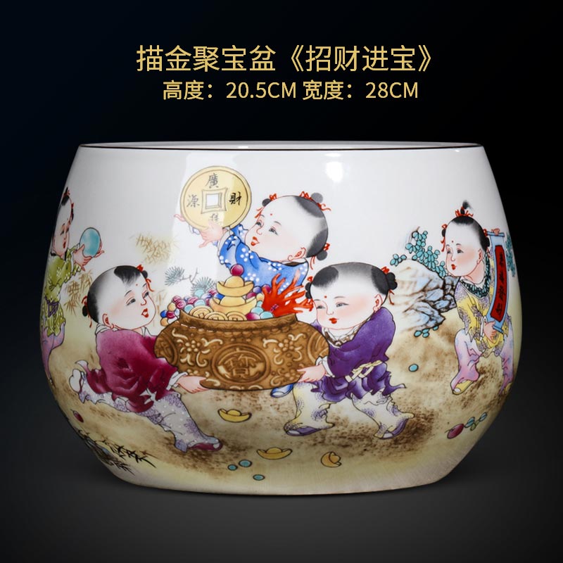 描金鸿运当头聚宝盆摆件工艺品名师证书底座公司福利  陶瓷聚宝盆  景德镇陶瓷聚宝盆
