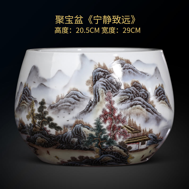 描金鸿运当头聚宝盆摆件工艺品名师证书底座公司福利  陶瓷聚宝盆  景德镇陶瓷聚宝盆