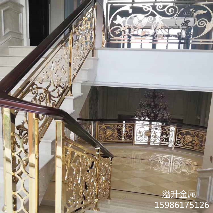 来图制作黄铜镀金楼梯围栏传承中国文化风格  沙金铝雕楼梯  青古铜铝艺楼梯扶手  黑龙江专业铝艺楼梯