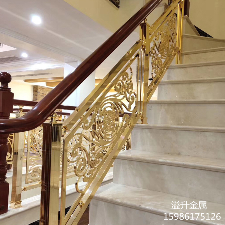 雕花铜艺楼梯 镀金色别墅铜扶手点缀家居靓丽美景  楼梯铝艺雕花  青古铜铝艺楼梯扶手
