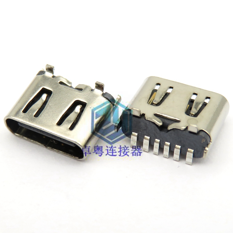 typec 6p母座 立贴 二脚直插 6.5mm 带小脚