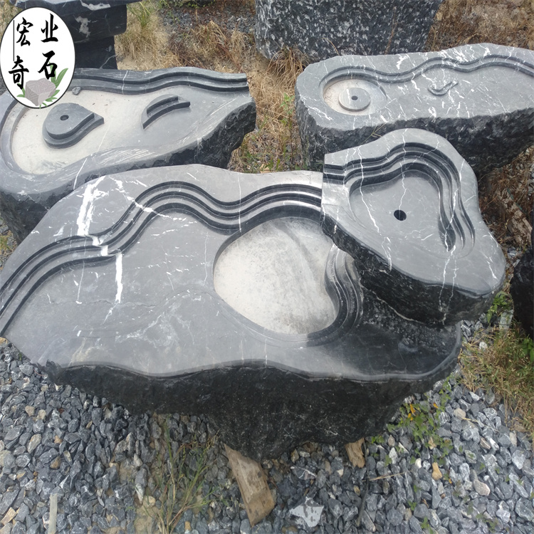 庭院黑山石造景，吨位黑山石原石，黑山石水钵