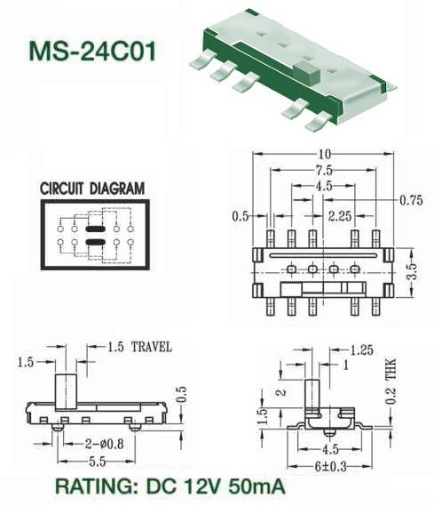自产自销鸿大开关防水摄像机微型十脚MS-24C01指拨开关  微型拨动开关  滑动开关
