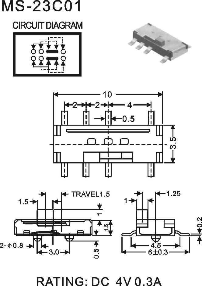 新品上市鸿大开关侧插带固定脚MS-23C01微型滑动开关  微型拨动开关