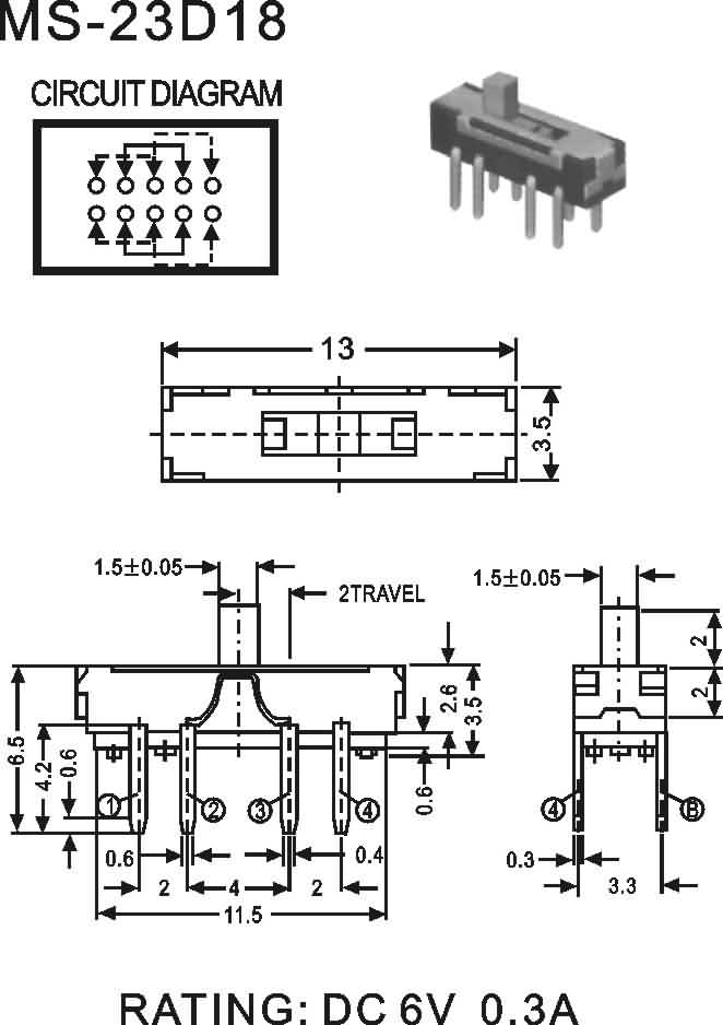 大量批发鸿大开关双排直插贴片卧式MS-23D18电源开关  微型拨动开关  滑动开关