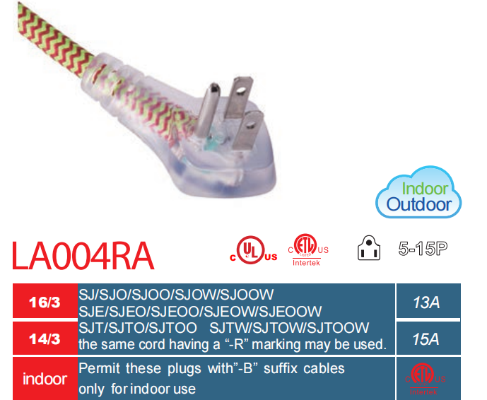 LA004RA NEMA 5-15P,  美式电源线  UL美规电源线