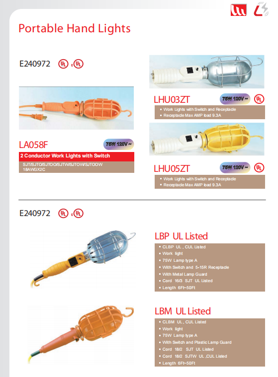 UL 5-15P 75W 120V 9.3A带开关插座手提灯