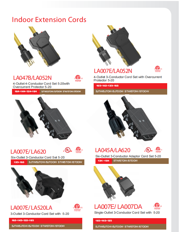 UL 5-20 5-15 SJTOW三/四芯发电机延长线  UL/CUL