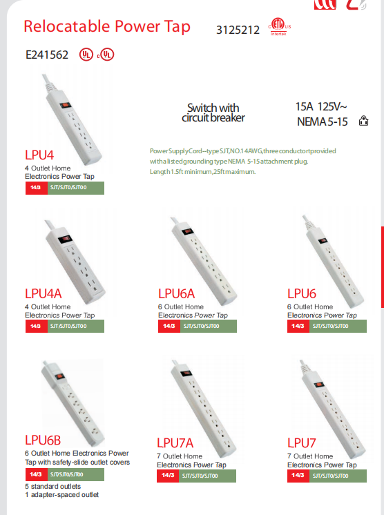 UL 5-15 15A 125V  带开关拖线板  UL/CUL
