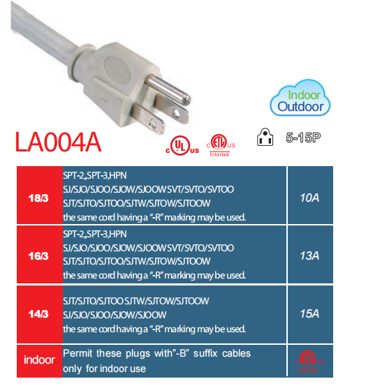 LA004A NEMA 5-15P 美规电源线  10A 13A 15A