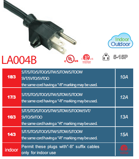 LA004B NEMA 5-15P 美规电源线  10A 12A 13A 15A