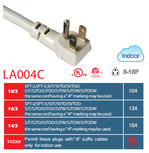 LA004C NEMA 5-15P 美规电源线  10A 13A 15A