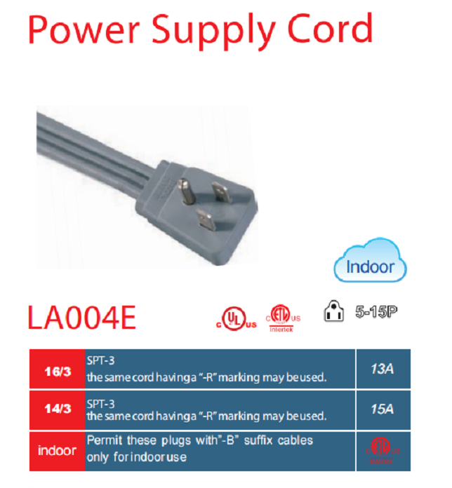LA004E NEMA 5-15P 13A/15A美规电源线  13A 15A