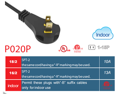 UL/ETL P020P 1-15P 10A/13A 电源线  NEMA 1-15P  10A 13A  美规延长线