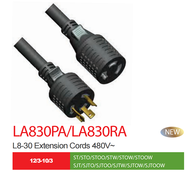 NEMA L8-30P/L8-30R 480V 自锁延长线  美国锁定延长线