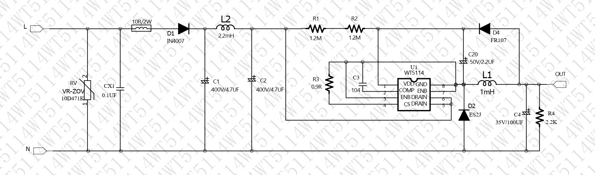 220V降5V降12V恒压非隔离电路图原理图WT5114  220V降12V