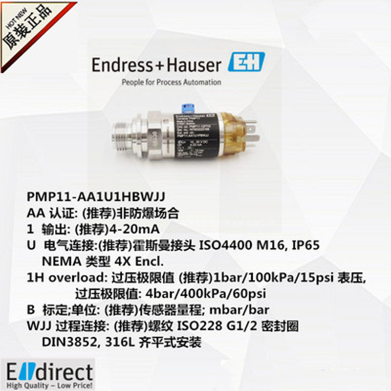 E+H恩德斯豪PMP11-10N2/0压力变送器100kPa  PMP11-AA1U1HBWJJ  德国E+H