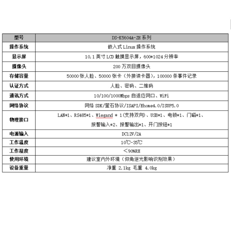 DS-K5604A-ZH 海康威视10.1英寸人脸识别组件  支持50000人脸库